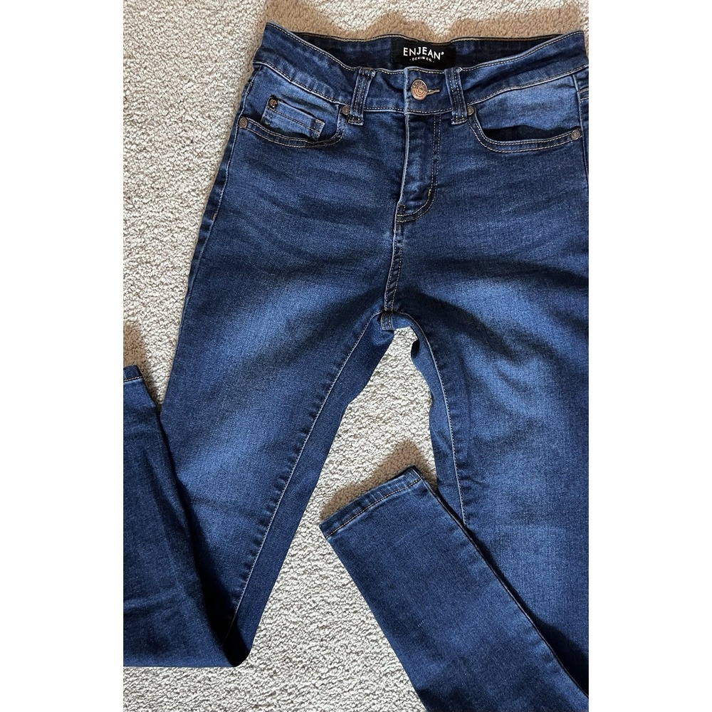 ENJEAN DENIM CO Y2K Skinny Jeans Sz 1 Dark Blue Booty Shaping Stretchy #F - Picture 2 of 12